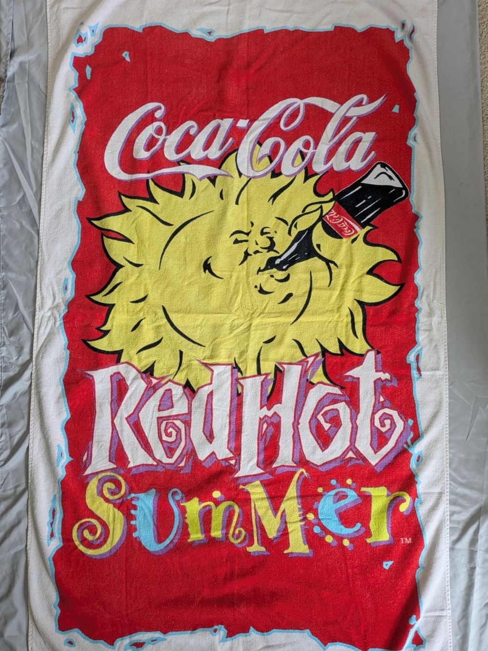 Vintage 1992 Coca-Cola Red Hot Summer Beach Towel 90s Coke Sun Graphic Cotton